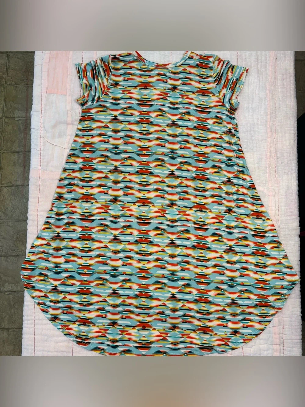 EUC LuLaRoe Girls Scarlett Dress, Sz 12, Aztec Design - Teal, Orange, Yellow - Picture 7 of 13